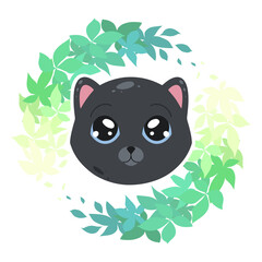 Childish illustration of a little lovely kitten in plant wreath on white background. Cute baby animal. Vector cartoon flat drawing of black cat for childrens room, stickers and cards.