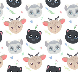Cute childish pattern with portrait of animal and flowers on white background. Vector texture with lemur, cat and deer with floral decoration. Cartoon fabric. Animalistic wallpaper for the nursery.