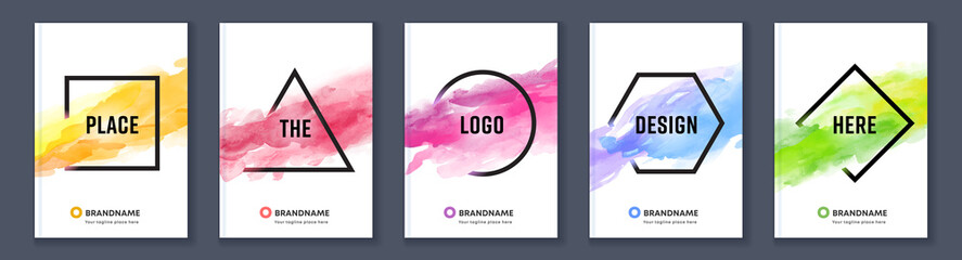Watercolor background over geometric frame vector brochure cover design, logo and sale banner template set