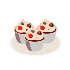 tasty three cupcakes with fruits on a plate