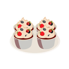 tasty four cupcakes with fruits on a plate 