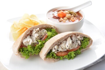 chicken salad kebab open pocket bread serve with tomato soup and crispy potato chips combo set  in white background asian vegan halal menu