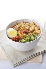 Malay mee rebus noodle with boiled egg, tofu, green chilli, sambal chilli sauce and hot thick curry gravy soup bowl in white background asian halal menu