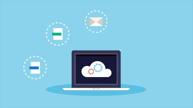 Online cloud storage, files storage in cloud. Secure cloud data, cloud computing technology, internet network connection communication. 2d animation 4k video clip.