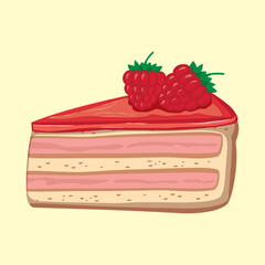 Cake with raspberry, isolated, cartoon style, flat vector illustration. 