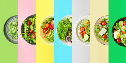 Plates with different healthy salads on color background