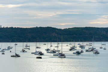 beautiful sea summer with boat at Chalong bay, Phuket province, Thailand. subject is blurred and...