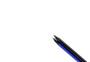 The blue and black pens are ready to write text on a white background. The concept of working in the office, recording cases and goals