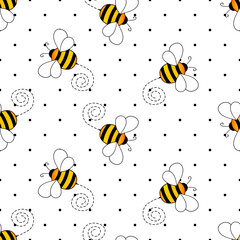 Seamless pattern with bees on white polka dots background. Small wasp. Vector illustration. Adorable cartoon character. Template design for invitation, cards, textile, fabric. Doodle style