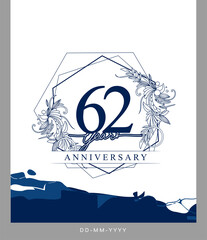 62nd Anniversary logotype with hand drawn background blue color for celebration event, wedding, greeting card, and invitation.