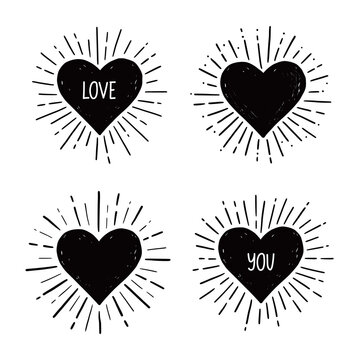 Heart with love text. Hand drawn sketch style. Heart vector illustration for sunburst frame, love quote