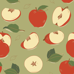 Seamless pattern of fruits. Whole apples, apple halves with leaves on a green background. Color image. Design for fabric, print, wallpaper, packaging, posters.