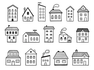 House doodle set. Hand drawn sketch style. House building with roof. Vector illustration for home icon, village, city element.