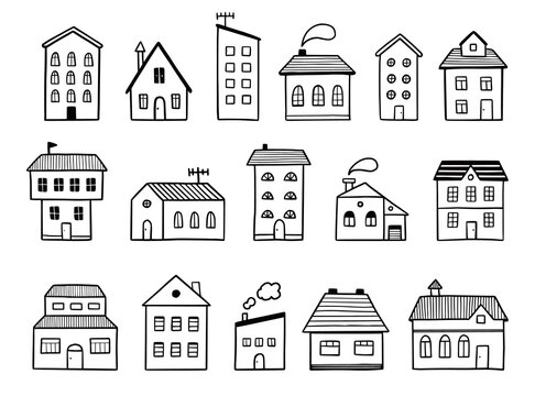 House doodle set. Hand drawn sketch style. House building with roof. Vector illustration for home icon, village, city element.