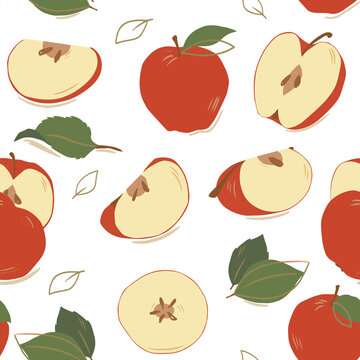 Seamless pattern of fruits. Whole apples, apple halves with leaves on a white background. Color image. Design for fabric, print, wallpaper, packaging, posters.