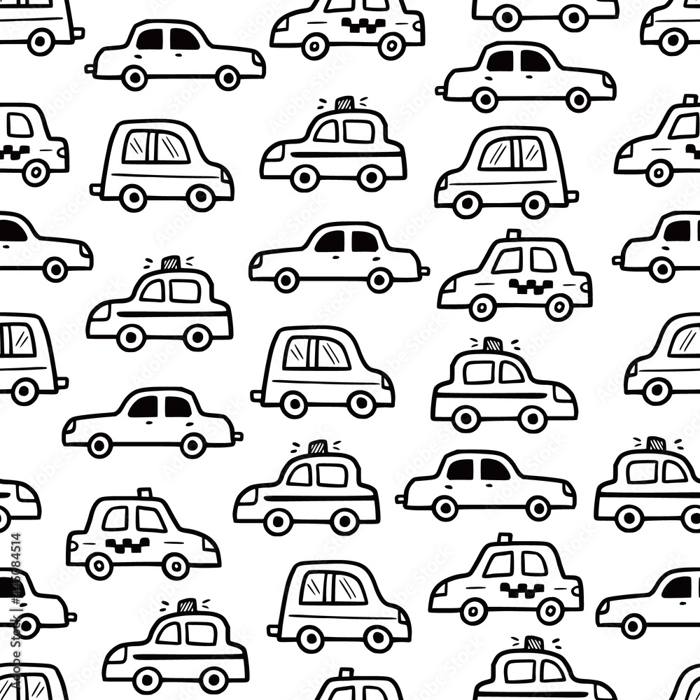 Wall mural car pattern. doodle sketch style seamless background. hand drawn toy car vector illustration for bab