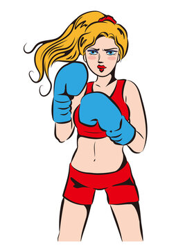 アメコミ風・ボクシング女性（白背景）