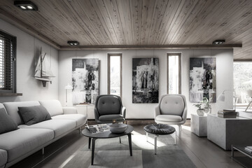 Modern Residential Attic Loft Interior  - black and white 3d visualization