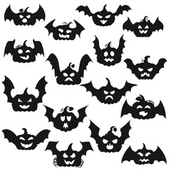 Cartoon halloween pumpkin with bat wings silhouette and carving scary smiling cute glowing faces. Decoration gourd vegetable or holiday spooky happy face, october nature vector isolated icon set