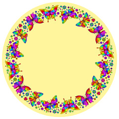 Design ornament for round product, bright flowers and butterflies in the style of stained glass on a yellow background