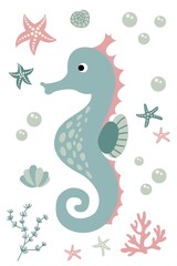 Postcard with cute hand drawn seahorse. White background, isolate. Vector illustration.