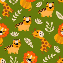 Seamless pattern with cute hand-drawn animals. Lion, tiger, giraffe. Design for fabric, textile, wallpaper, packaging, nursery decoration.	
