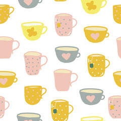 cups seamless pattern. hand drawn doodle. vector, cartoon, minimalism. trending colors 2021. wallpaper, wrapping, textiles, banner. kitchen, tea, coffee, drinks, tablecloth, cafe.