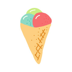 ice cream in a waffle cone. hand drawn doodle. , cartoon. icon, card, poster, sticker. food, sweet, refreshing, bright, summer. vector