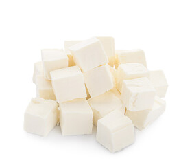 Pieces of delicious feta cheese on white background