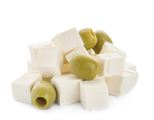 Pieces of delicious feta cheese with green olives on white background