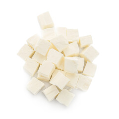 Pieces of delicious feta cheese on white background