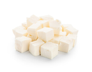 Pieces of delicious feta cheese on white background