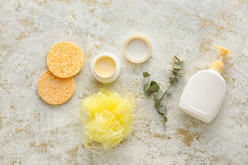 Composition with sponges and bath supplies on grunge background
