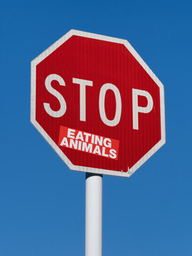 AUCKLAND, NEW ZEALAND - Jul 02, 2021: Stop eating animals road sign.