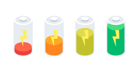 Isometric battery icons set isolated on white background. Vector illustration.