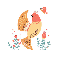 Vector bird in scandinavian style Folk forest animal