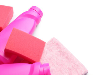 Set of cleaning supplies on white background