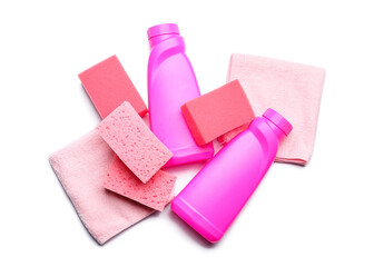 Set of cleaning supplies on white background