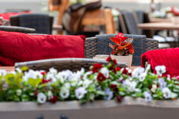 closeup of empty table outside restaurant, cafe on street sidewalk, flowers bouquet in flowerpot