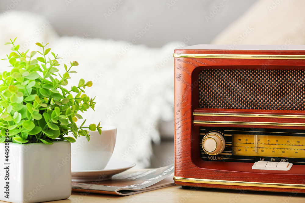 Wall mural Retro radio receiver and houseplant on table in living room, closeup