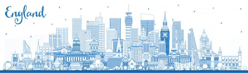 Obraz premium Outline England City Skyline with Blue Buildings.