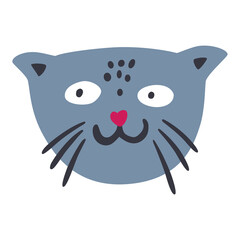 Cute cat face. Cat character. Print on children's clothing. Baby poster in the nursery. Vector illustration for greeting card, invitation.