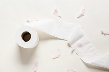 Roll of toilet paper and feathers on light background