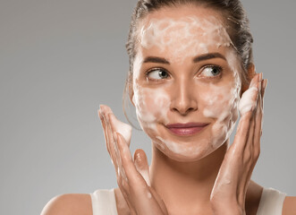 Woman face soap clean face beauty close up female