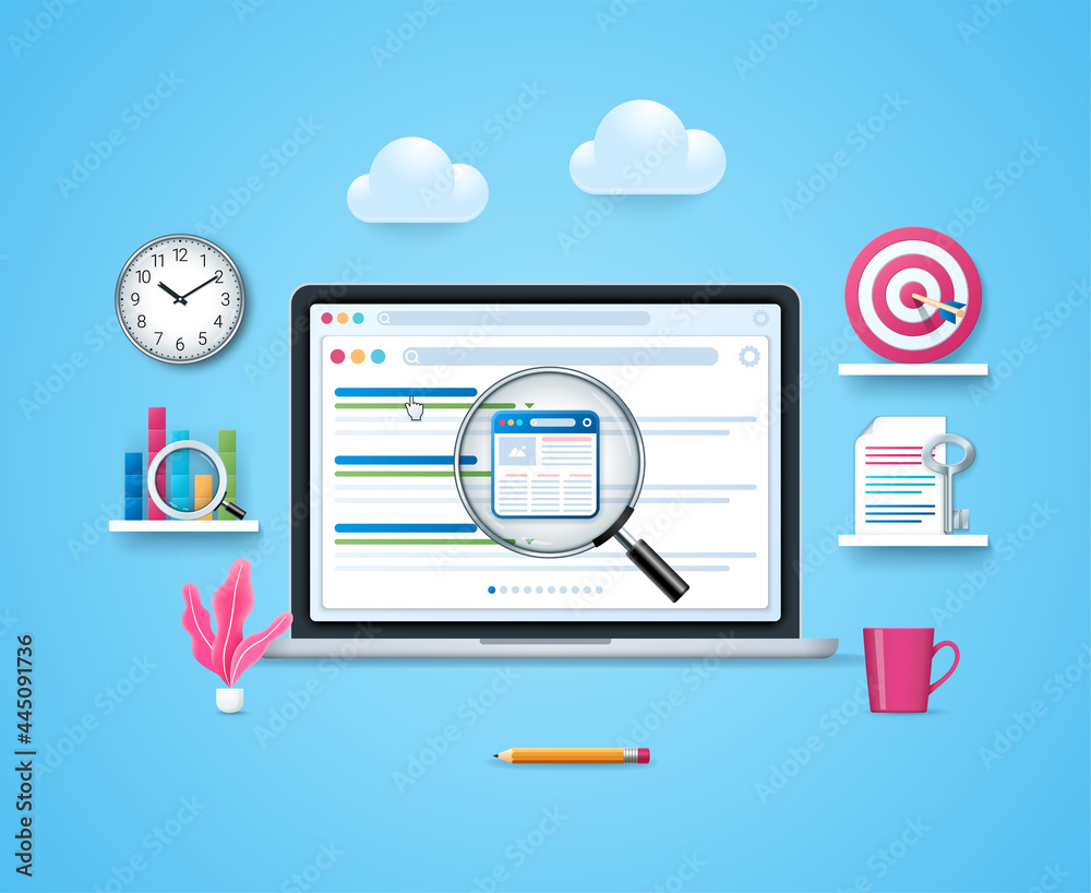 Poster search engine result page concept. laptop with open search window page and magnifying glass. results