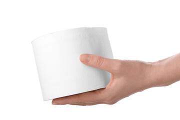 Woman holding roll of toilet paper on white background, closeup