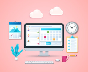 Time management concept. Computer with calendar and daily tasks on screen. Marked checklist, wall clock, calendar. Web vector illustrations in 3D style