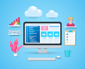 Web development concept. Computer with windows programming and site layout on screen. Web vector illustrations in 3D style