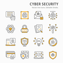 Cyber security icon set. Collection of antivirus firewall, email virus threat, digital key and more. Vector illustration. Editable Stroke.