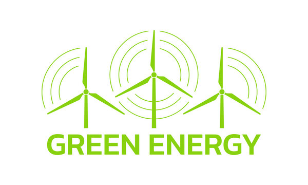 Green Energy Logo Or Icon With Wind Turbines. Renewable And Clean Energy Symbol With Modern Windmills. Vector Illustration.